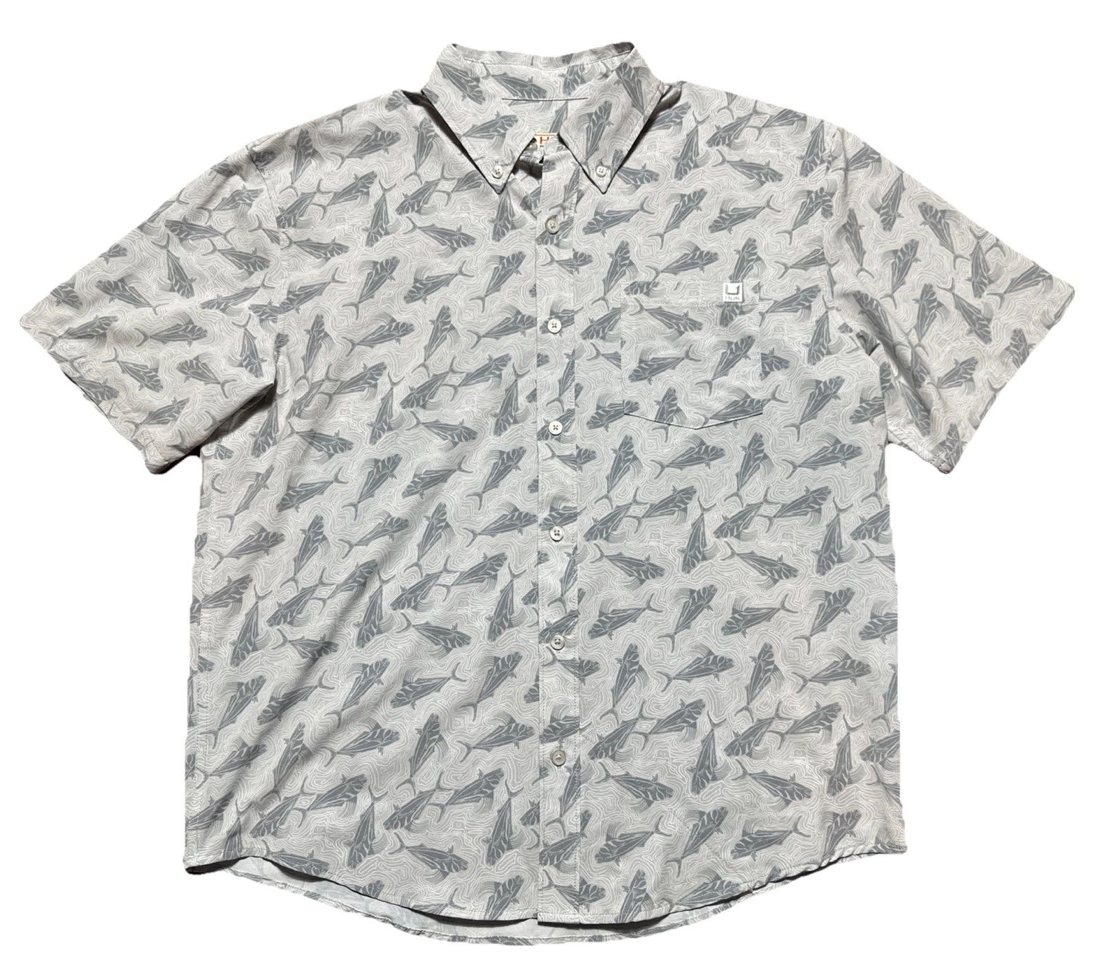 Huk Fishing Shirt Men Medium All Over Print Fish Short Sleeve Shirt Button Down