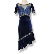 Navy Blue Velvet Latin Rhythm Ballroom Dance Dress Sz S Pearl Rhinestone Accents
