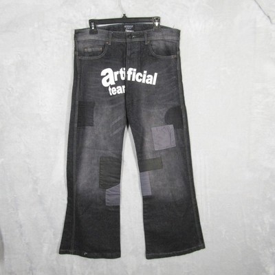 Bad Son Jeans Mens 34 x 30.5 Artificial Tears Black Denim Patchwork Distressed