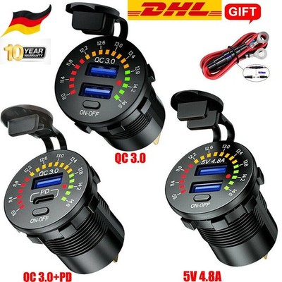Steckdose QC3.0 USB Ladegerät Buchse 12V 24V für Motorrad Wasserdicht Auto KFZ