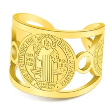 Anillo religioso de San Benito de acero inoxidable ajustable