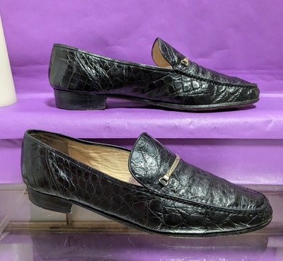 BALLY  Vintage Genuine Caiman Gold Chain Penny Loafer Size 9.5D Black