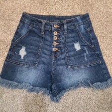 Medium Wash High Rise Button Distressed Frayed Hem Denim Jean Shorts size 3