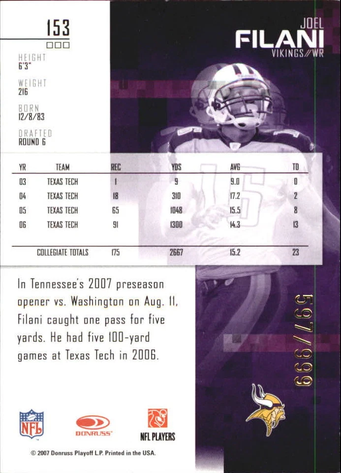 2007 Leaf Rookies and Stars Longevity #153 Joel Filani RC /999 - FB - Image 2 of 2