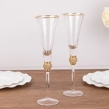6 CLEAR Champagne Flute Glasses 6oz Gold Rim Design with Studded Rhinestones