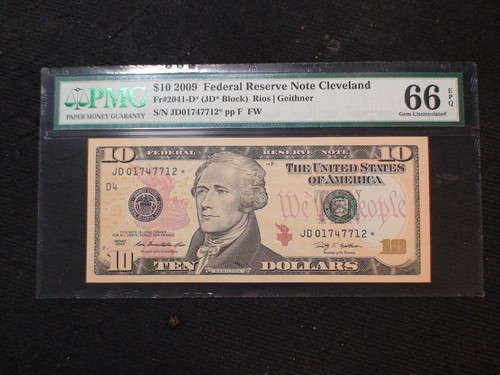 2009 CLEVELAND $10 Dollar PMG GEM UNC 66 EPQ Federal Reserve STAR NOTE $10 BILL! - Picture 1 of 4