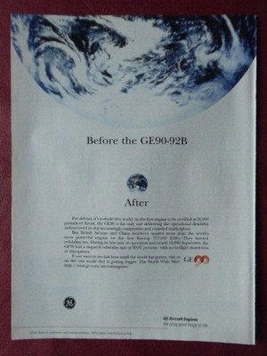 4/1997 PUB GENERAL ELECTRIC AIRCRAFT ENGINE GE90-92B GE90 BOEING 777 ORIGINAL ANZEIGE
