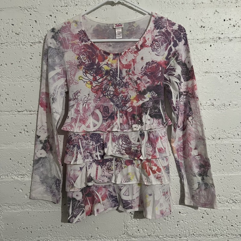 Justice Girls Top 14 Pink Floral Sublimation Long Sleeve Tiered AQ11