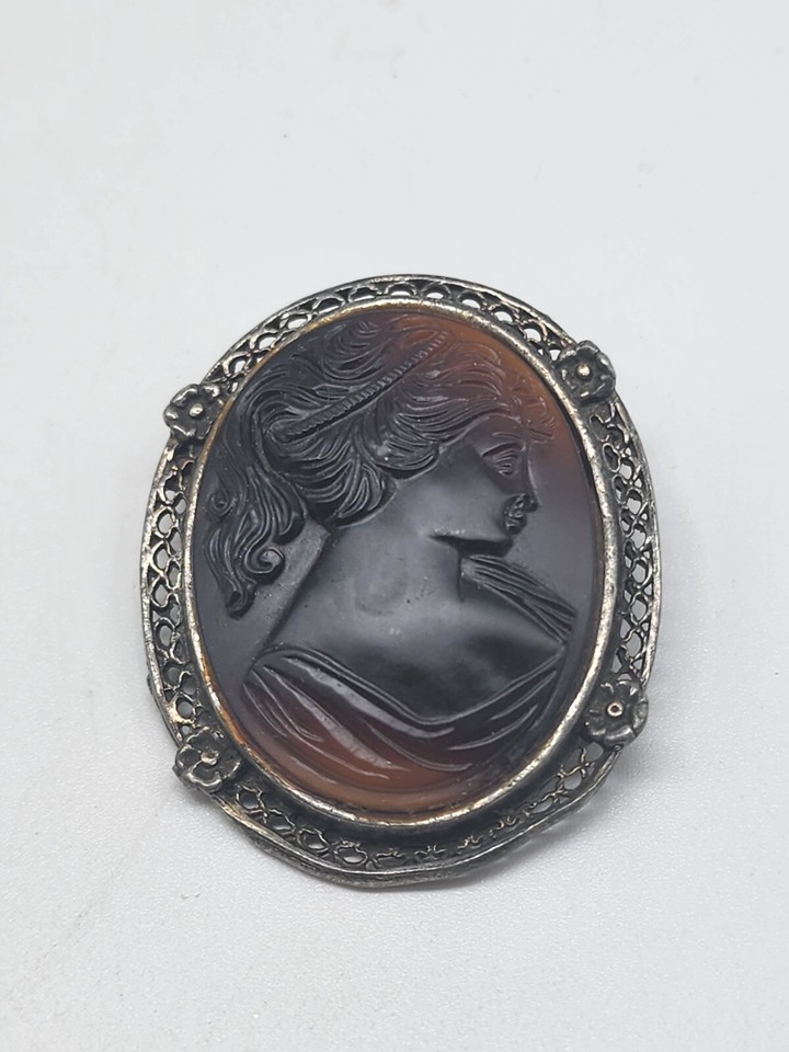 Vintage Molded Amber Glass Cameo Filgree Framed Brooch Pendant eBay