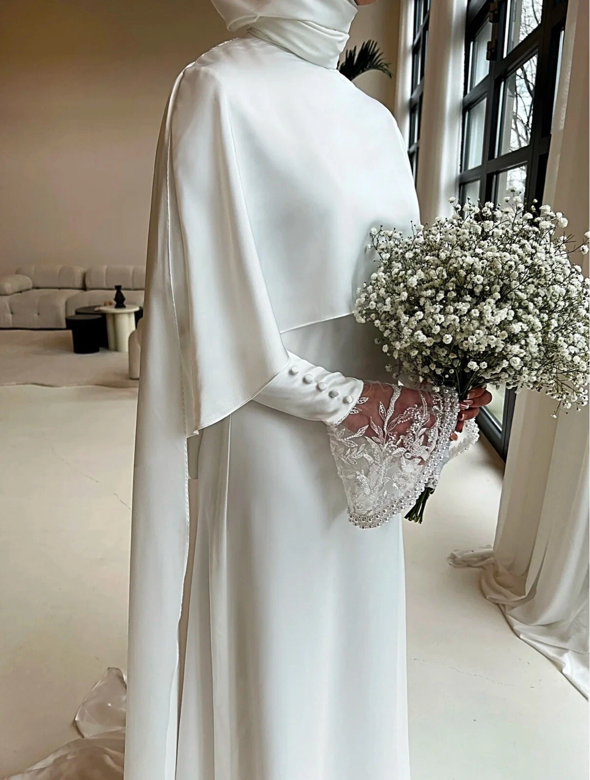 Modest Wedding Dress Womens White Long Sleeve Pearl & Lace Elegant Bridal  Gown