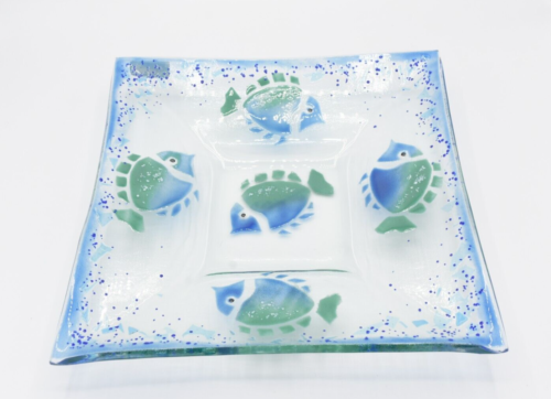 Fused Art Glass Square Clear Blue Teal Speckled Fish Ocean Water Plate Dish