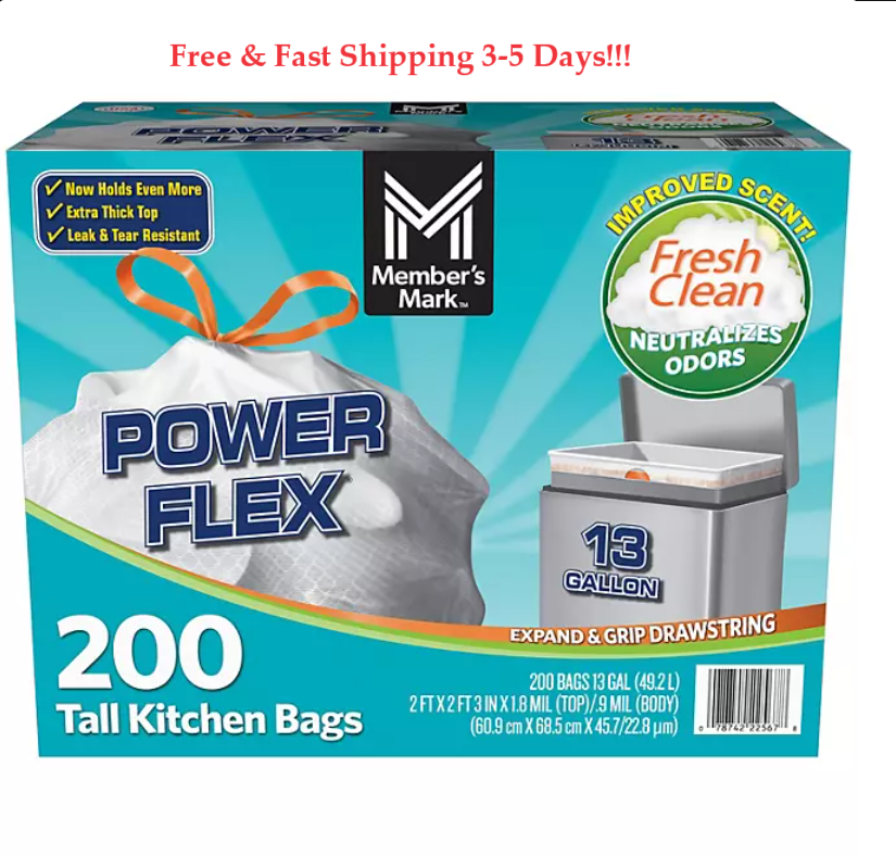 Power Flex Tall Kitchen Drawstring Trash Bags 13 Gallon, 200 ct