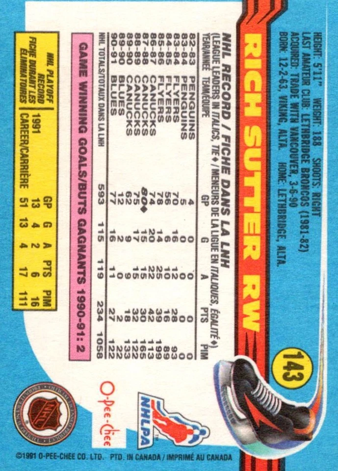 1991-92 O-Pee-Chee Rich Sutter St. Louis Blues #143 - Image 2 of 2
