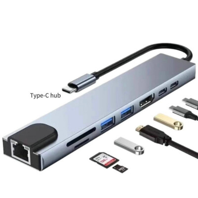 USB-C Hub 8-IN-1 Adapter 4K HDMI USB 3.0 LAN RJ45 Ethernet Micro SD Kartenleser