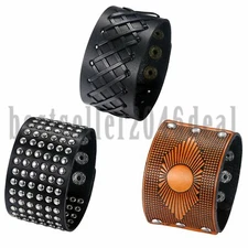 3PCS Rock Wide Leather Rivet Bracelets Braided Cuff Wristband Bangle Adjustable