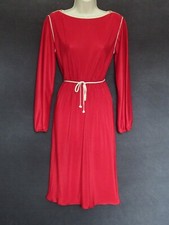 70's Vintage Kay Windsor Dark Red Micro Pleat Ivory Ribbon Trim Midi Dress Belt