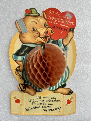 1940 s Pig Puffed Valentine Accordion Belly Bacon Anthropomorphic Ephemera Hog