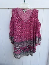 Style & Co Womens Cold Shoulder Top Sheer Boho Pink Floral Sz Small