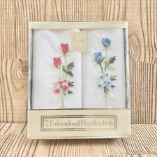 Vintage PARIS Cotton White Embroidered Handkerchiefs Hanky Set 2 Flowers MCM NEW