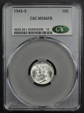 1945 S Full Split Bands Mercury Silver Dime 10C CACG MS 66 FB CAC