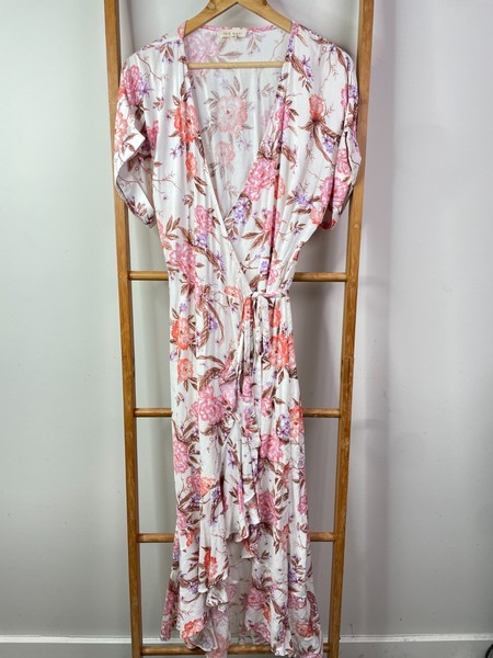 Iris Maxi Wrap Dress Womens 16 White Pink Floral Short Sleeve Bohemian Casual