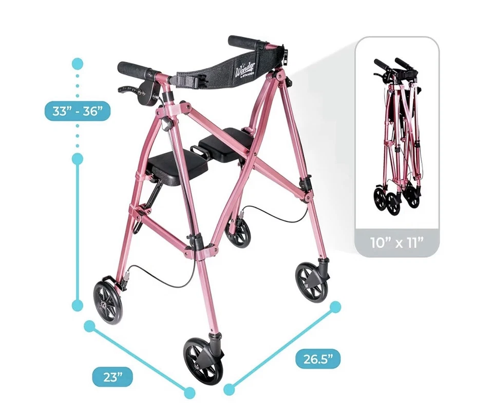 Stander Wonder Rollator, Ultra-Lightweight Folding Space Saver Walker, Rose - Image 2 of 4