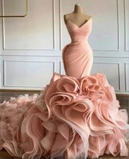 Blush Pink Mermaid Wedding Dress Pleated V Neck Ruffled Bridal Gown