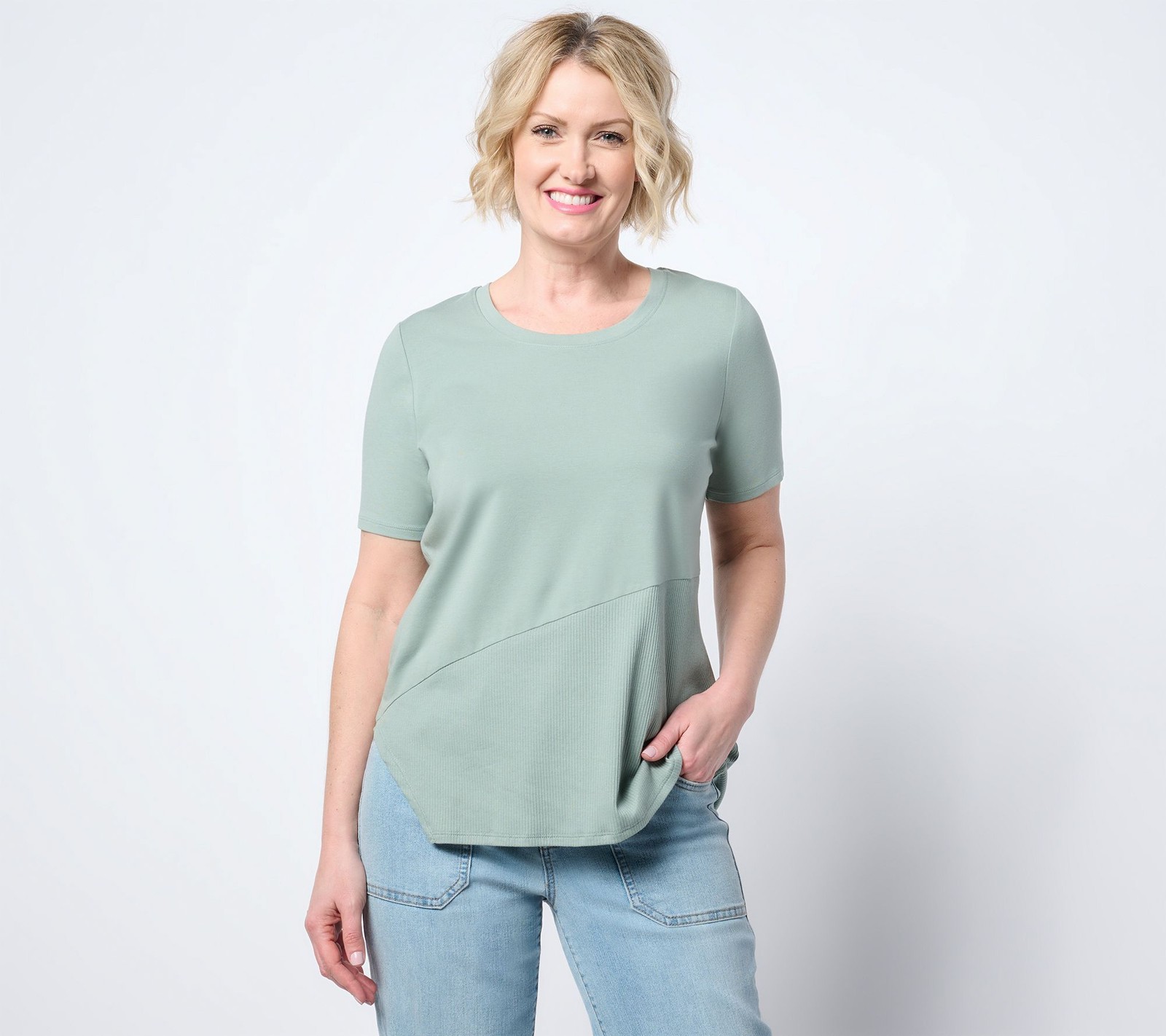 Anybody Women's Top Plus Sz 1X Cozy Knit Asymmetrical Ribbed Hem Green A689696