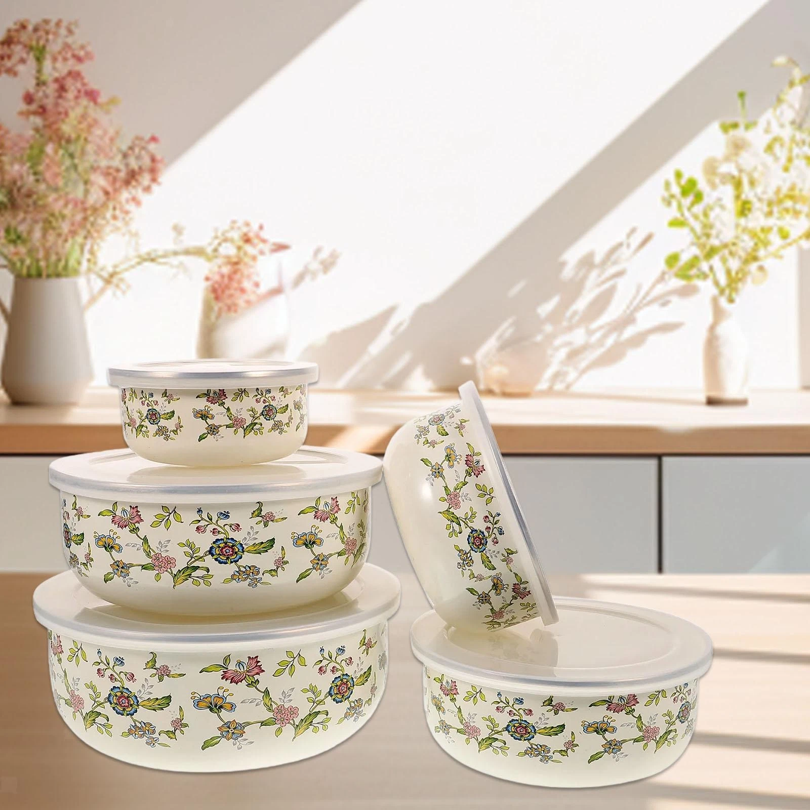 5x Mixing Bowl Set, Freshness Container with Lid, Nestable Bowls for Serving