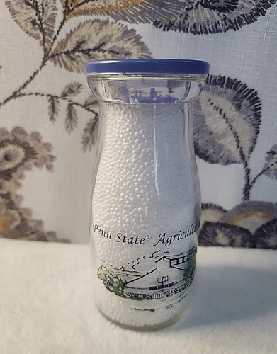 Vintage Penn State Agricultural Arena Dairy Farm Glass Milk Bottle w Lid