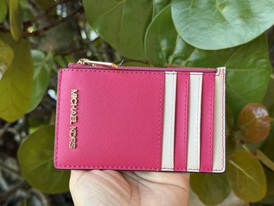 Michael Kors Jet Set Travel Top Zip Card Case Wallet Electric Pink