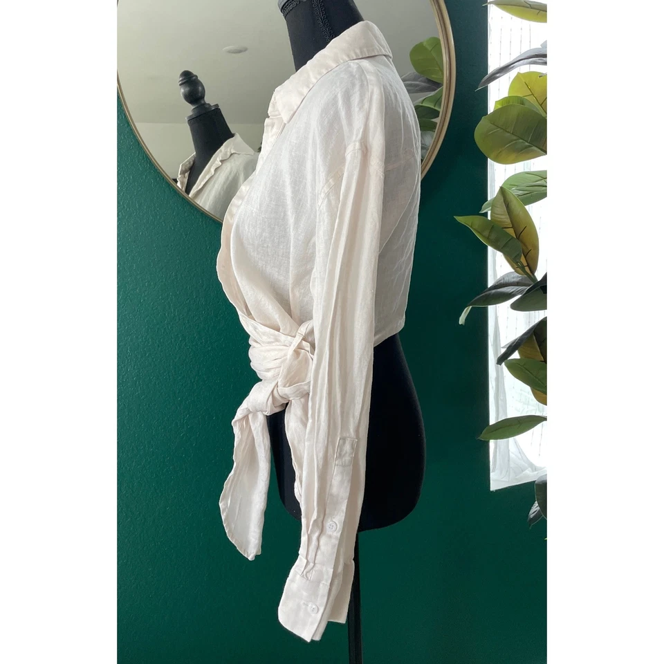 Zara 亚麻混纺裹身上衣女式 S 恤米色长袖短极简主义 — 第 2/4 张图片