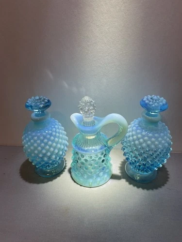 Fenton Vintage Opalescent Milk Blue Glass Hobnail Perfume Bottle Stopper Vase