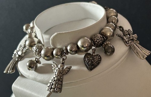 Beautiful Silver Tone Stretch Charm Bracelet Angels Hearts & Tiny Beads 8” - Picture 9 of 14