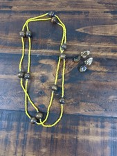 Clip On Earrings  Necklace Set-Brown Stone Gold Tone, Wood  Yellow Beads