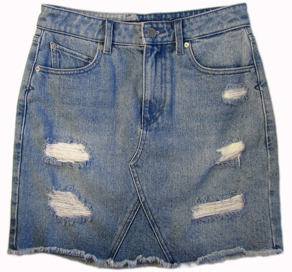 VOLCOM high rise stonewashed blue rigid DISTRESSED denim mini skirt 8-10 EUC!