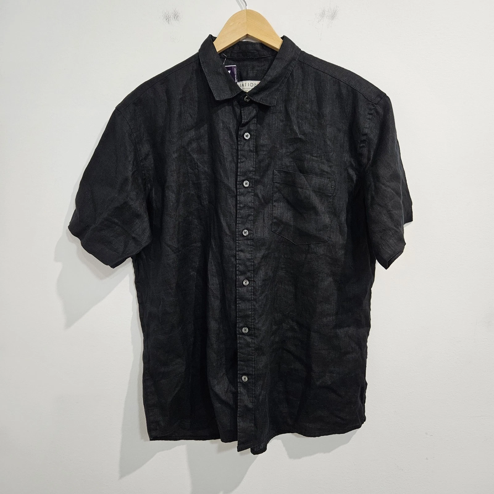 AnationZ Black 100% Linen Short Sleeve Button Up Shirt Size XXL Slim Fit BNWT