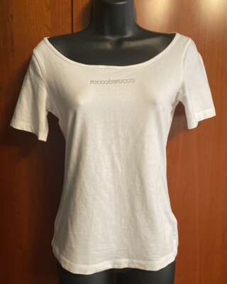 Roccobarocco White Embroidered Rhinestone T-shirt Top Cotton Blend 