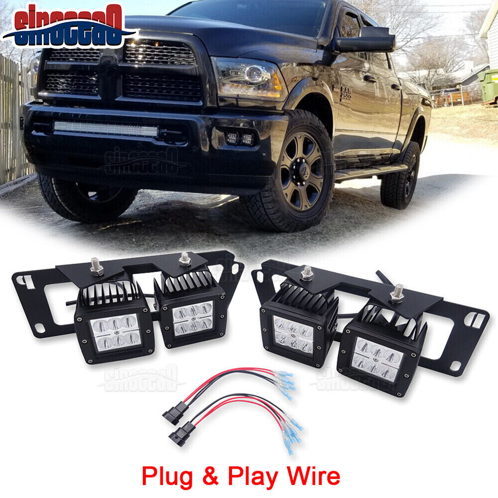 4x LED Bumper Fog Spot Light Pods w/Mount Brackets Kit For Dodge Ram 1500  2500