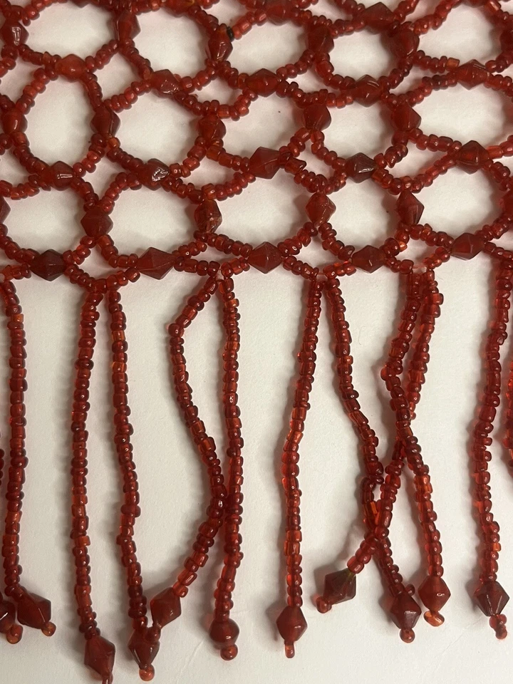 Rare vintage red glass bead crochet woven table scarf - Image 4 of 4