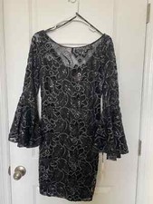 NWT Calvin Klein Women's Sequin Dress with Illusion Neck and Bell Sleeves Size 4