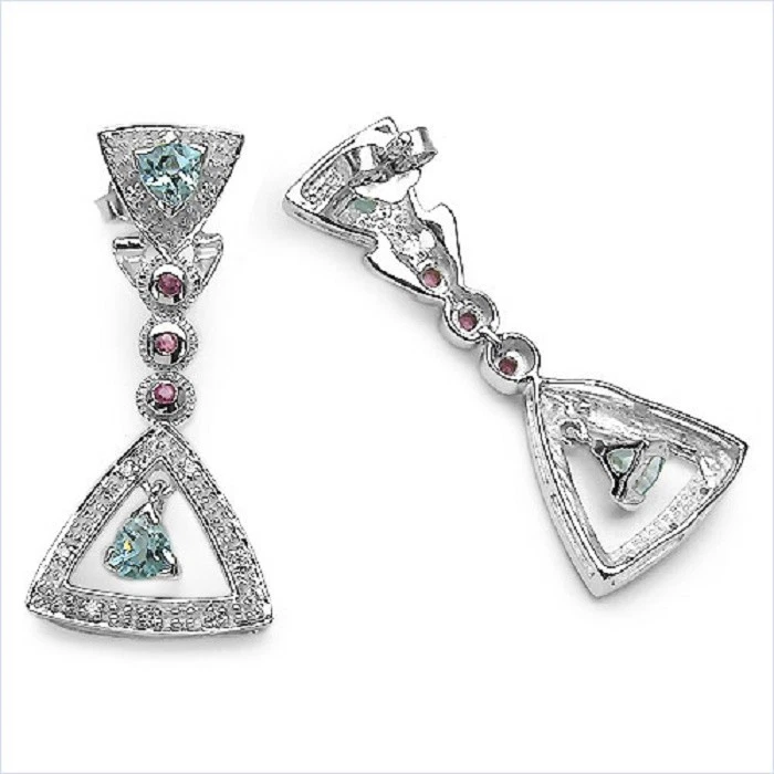 Orecchini In Argento 925 Con Topazio Blu E Rubino Di 1,82 Carati - Immagine 2 di 4