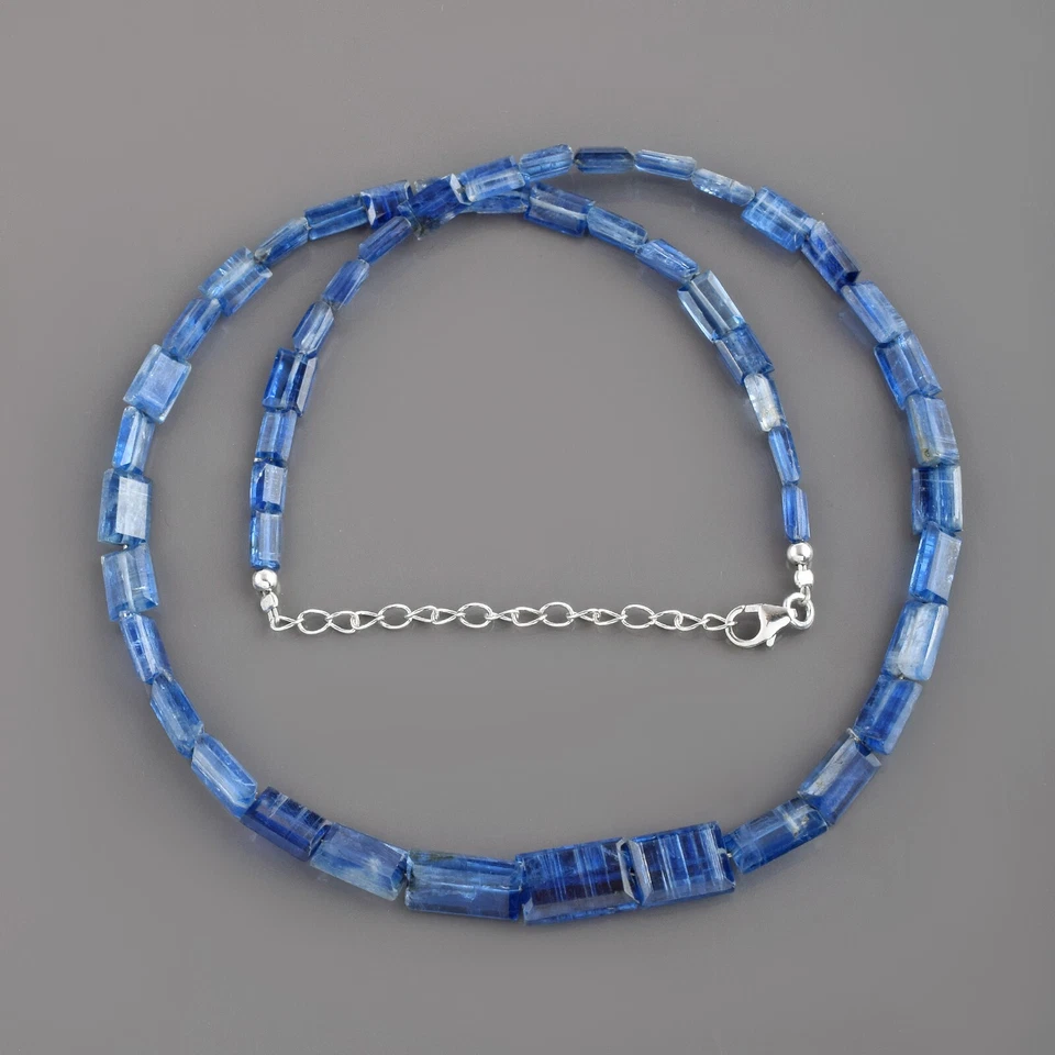 Naturale Blu Cianite Perline 925 Catenina Argento 18 " Filo Mano Donna Collana - Immagine 2 di 4