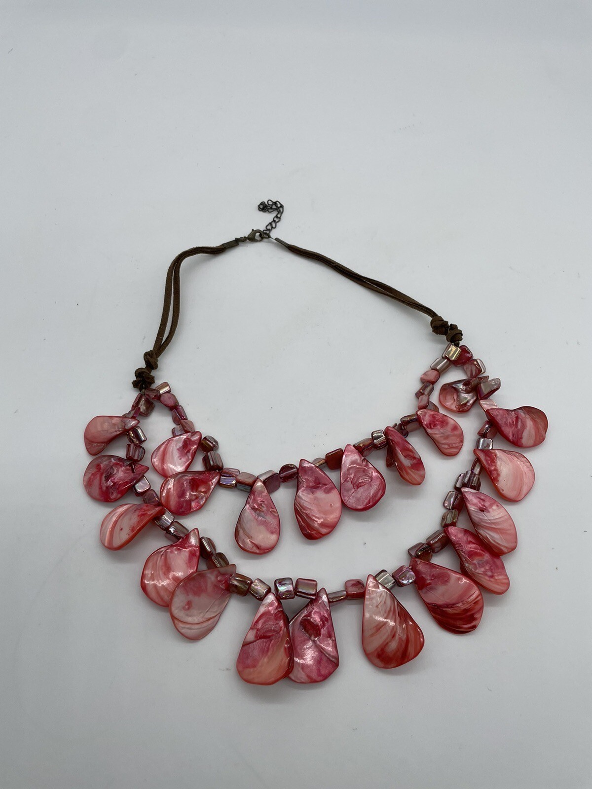 Red Pink Shell Necklace Double String Leather Cord - image 9