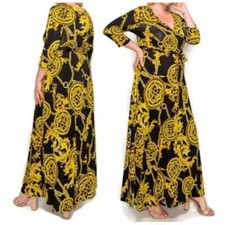 Janette Fashion Gold Black Medallion Faux Wrap Maxi Plus Size Dress