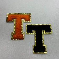 Bundle Lot Of 2 Letter Initial T Chenille Patches (Halloween Black & Orange)49A6
