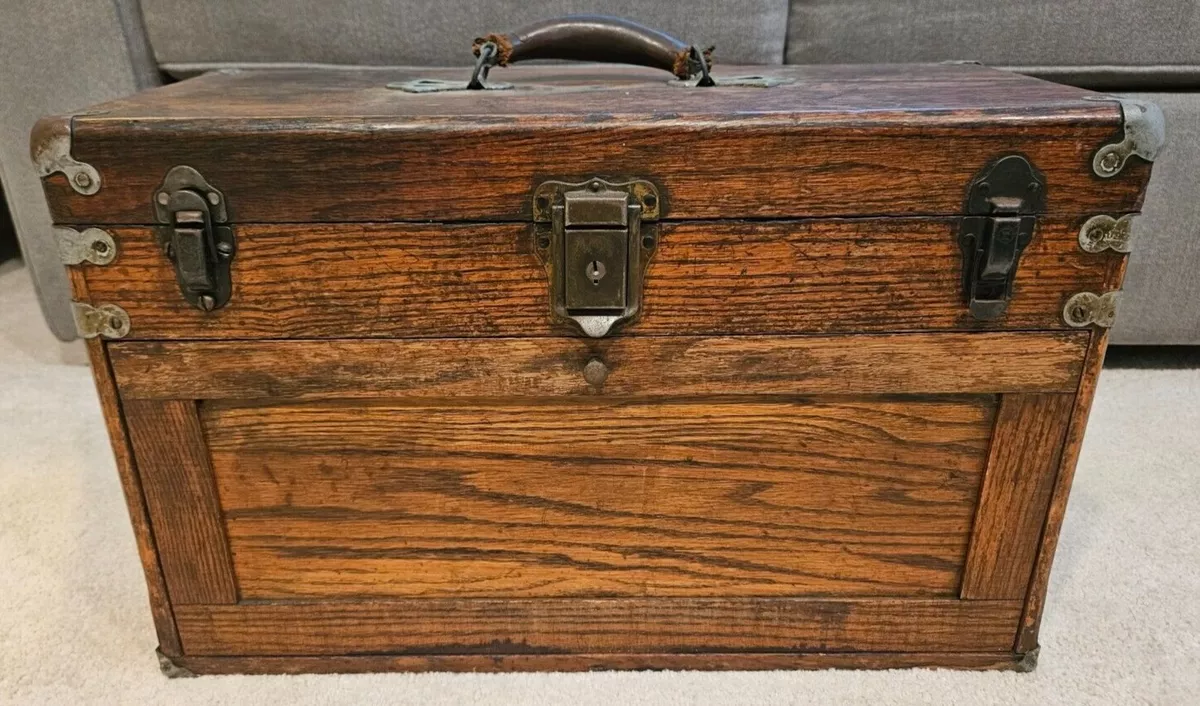 Vintage Oak Wooden Machinist Tool Box Chest W/ 7 Drawers