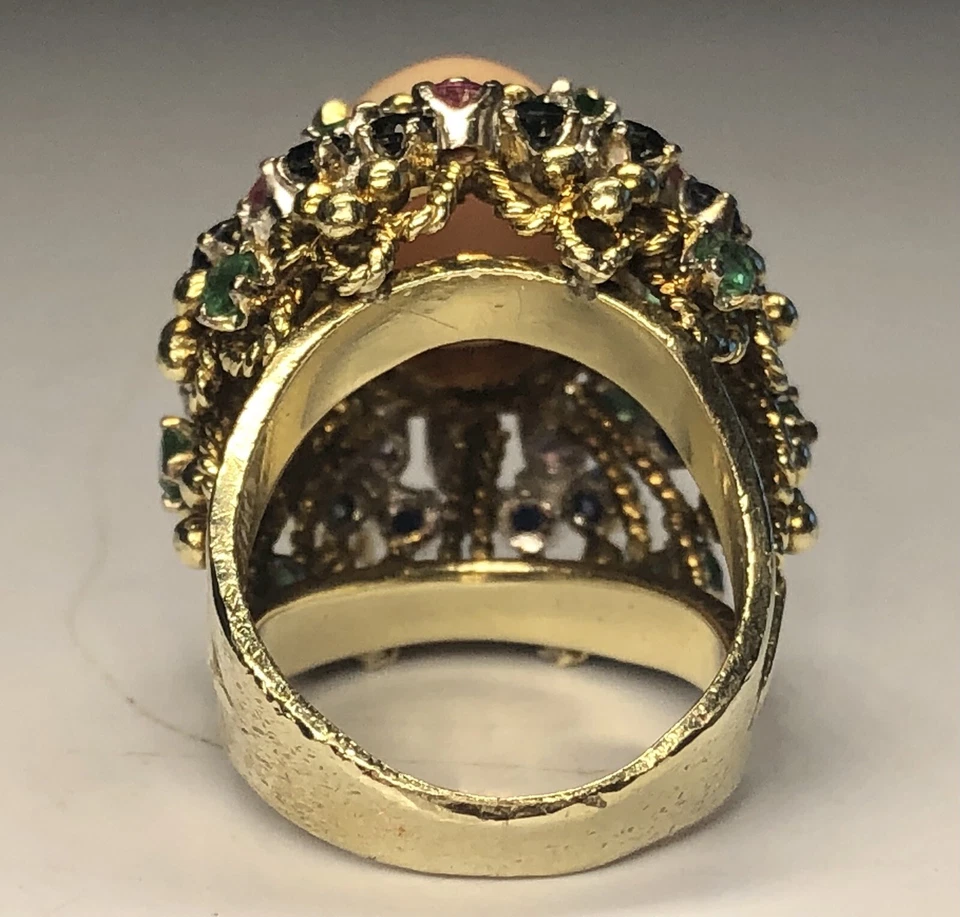 Anillo de colección de oro amarillo de 14 quilates con esmeraldas de amatista coral zafiros racimo 5 Foto 4 de 4
