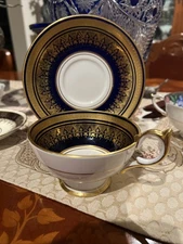 VTG AYNSLEY  RARE SIMCOE COBALT BLUE GILDED , FOOTED TEA CUP  AND SAUCER ENGLAND