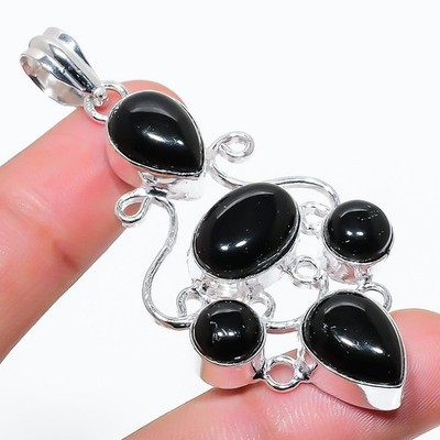 Handgefertigter schwarzer Onyx Edelstein 925 Sterlingsilber Schmuck...